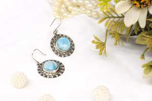 ต่างหูห้อยทรงหยดน้ำ ลาริมาร์ วินเทจ พรีเมียม พลอยธรรมชาติ ทำมือ เงินแท้ 925 ป้องกันอาการแพ้ ของขวัญสำหรับผู้หญิง งานแต่งงาน งานปาร์ตี้ - Product Image 5