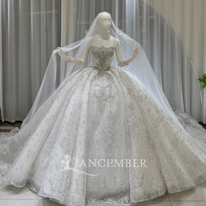 Lsoy063 Modern Luxury Crystal Beaded Wedding Dress Sweetheart <b>Silver</b> Pattern Ball Gown Chapel Train Floor-Length Backless Veil - Product Image 6