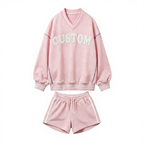 Conjunto de 2 Piezas para Mujer, Color Rosa, Suéter con Cuello en V y Pantalones Cortos por Encima de la Rodilla, Corte Holgado, Informal, Tejido de Algodón, Diseño Sólido, Transpirable y Ecológico - Product Image 1