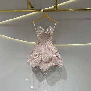 Vestido de Fiesta Rosa de Lujo JFH82 2026 con Apliques de Cuentas Pesadas, Pétalos de Flores, Mini Vestido de Gala de Gasa con Borlas de Cristal y Cintura Natural - Product Image 1