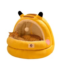 Lit-caverne semi-fermé pour animaux de compagnie, avec doublure en laine douce, chaud et sûr, adapté aux chats et aux petits chiens.