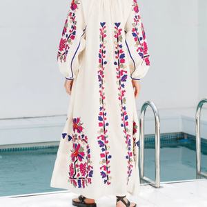 Elegante Vestido de Lino y Algodón Personalizable, Cuello Redondo, Estilo Casual Holgado, Mangas Abullonadas, Vestido Midi de Verano para Mujer - Product Image 4