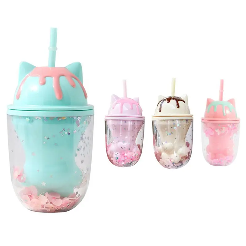 Pink Mug Straw Cups Eternal Flower Coffee Mugs 2021 Cute Creative Cartoon Mugs Cat Paw Double Layer Plastic Minimalist OEM Logo