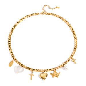 Charm Pendant Necklace 18K Gold Stainless Steel Heart Cross Pearl White Diamonds Party Jewelry - Product Image 5