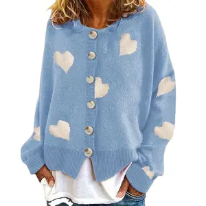 Custom Love Heart Dames Heavy Single Breasted Cardigan Sweater Groothandel Vrouw Lange Mouw O-Hals Casual Lengte Truien