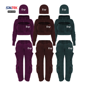 Conjunto de <span class=keywords><strong>Tres</strong></span> Piezas de Sudadera Corta con Capucha y Pantalones Cargo con Corte Personalizado, con Gorro Beanie, Ropa Deportiva Urbana <span class=keywords><strong>para</strong></span> Mujer - Product Image 3