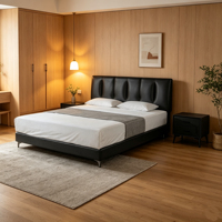 Lit moderne en cuir de vachette noir mat avec cadre métallique, design classique aux tons sombres, toucher doux en cuir, design polyvalent s'adaptant à diverses décorations intérieures