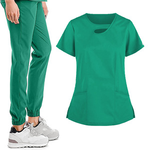 Women Scrub Uniform Set Short Sleeve Knitted Moisture Wicking Hospital Workwear Split Design For Medical Spa Use - Product Image 3