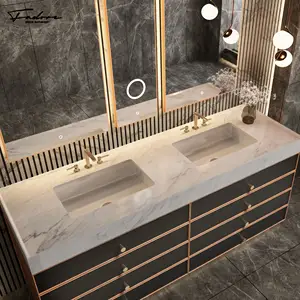 Lüks paslanmaz çelik banyo dolabı hafif deri Led akıllı ayna banyo Vanity çin beyaz taş banyo kabini