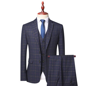<span class=keywords><strong>Traje</strong></span> de hombre ajustado de <span class=keywords><strong>tres</strong></span> <span class=keywords><strong>piezas</strong></span> a cuadros <span class=keywords><strong>azul</strong></span> <span class=keywords><strong>marino</strong></span> estilo de negocios elegante de alta calidad para bodas características transpirables - Product Image 2