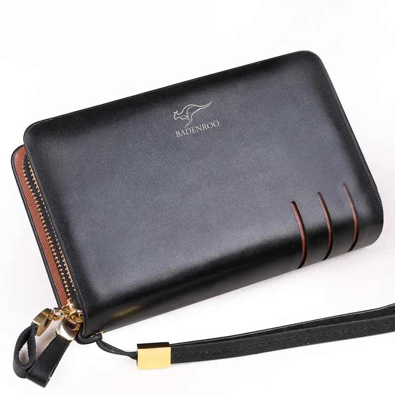 Large-capacity fashion mobile phone bag double pull zipper men's handbag clutch bag wallet men long wallet genuine leather