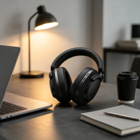 Casque audio blanc mat, accents en tissu élégants, ANC, audio haute fidélité pour la maison et le bureau