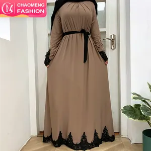 2022# Black Lace Dress Abaya Islamic Long Sleeve Embroidered Front Pleated Dresses Muslim Turkey Fashion