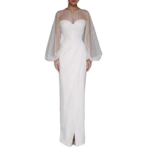 Vestido de noche para mujer, manga larga, con cuentas de perlas, escote corazón, abertura lateral, gris, poliéster, vestido formal de fiesta - Product Image 5