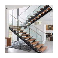 Escalier Flottant Moderne en Acier Carbone à Poutre Unique avec Escalier Droit en Bois de Hêtre et Garde-Corps en Verre pour Villa et Appartement (Usage Intérieur)