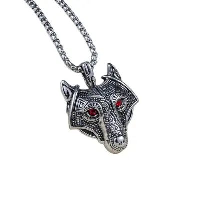 Men Viking Stainless Steel Norse Wolf Head Original Animal Amulet Wolf Head Pendant Necklace(red Eyes)