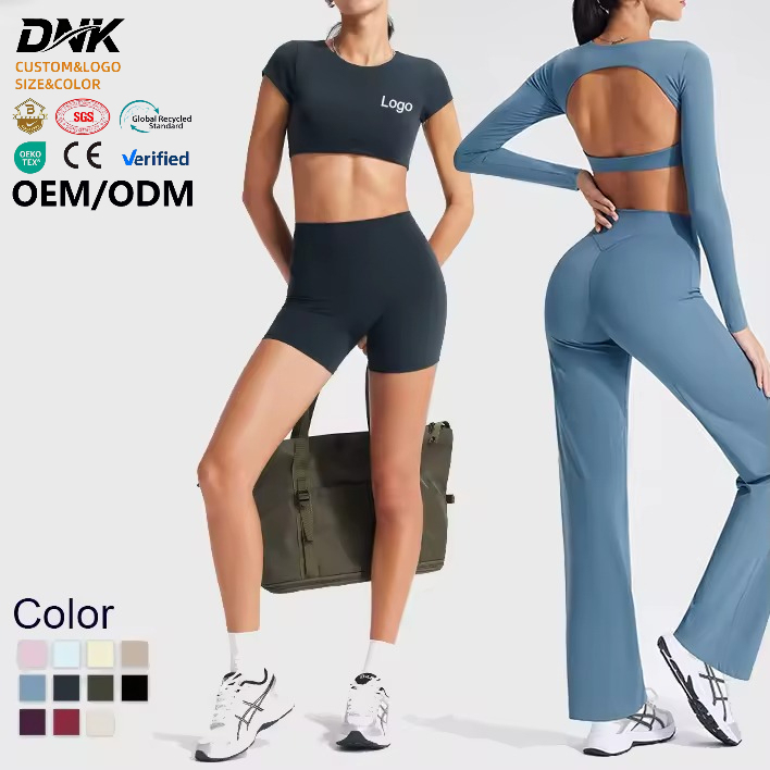 DNK0341 Women's Yoga Short Sleeve T-Shirt Back Hollow Out Tight-Fitting with Chest Pads Elastic Waist High Waist Breathable