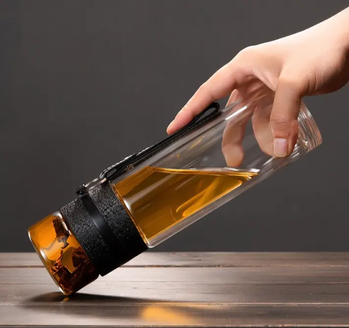 Bouteille d'eau en verre à Double paroi, gourde avec infuseur à thé, ml