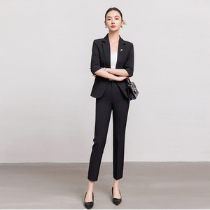 Women's Navy Blue Suit Set Three Quarter Sleeve Anti-Wrinkle Office Lady Formal Business Wear Autumn Season - Product Image 3