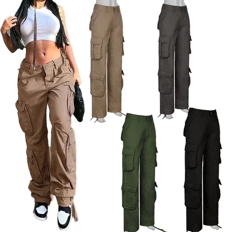 2022 Spring Women Baggy Jeans Loose Straight Leg Denim Pants Low Waist Zipper Fly Pocket Cargo Pants Female Wide Leg Trousers