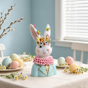 Redeco - Figura Decorativa de Conejo de Pascua Hecha a Mano, Busto de Resina con Corona de Flores <span class=keywords><strong>y</strong></span> Adorno de Pájaro para Decoración de Primavera en el Hogar - Product Image 3