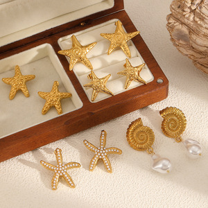 ต่างหูปลาดาวหอยสังข์สตั๊ดโทนสีทองไข่มุกเครื่องประดับแฟชั่นลำลองสำหรับผู้หญิง - Product Image 2