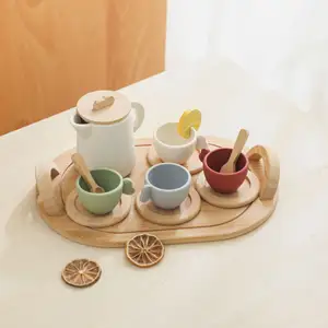Mainan Montessori, mainan edukasi anak-anak silikon dapur dan Set teh berpura-pura bermain piring
