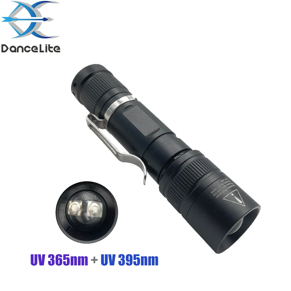 Lanterna UV 2 LEDs 2 em 1 para impressão de logotipo OEM F2 Lanternas LED 365nm + 395nm Luz ultravioleta portátil (AA)