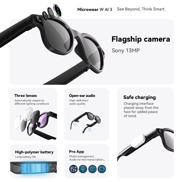 Business AR Smart Glasses | 8MP Camera, AI Q&A, Photo Object Recognition, Real-Time Translation, EIS Image Stabilization