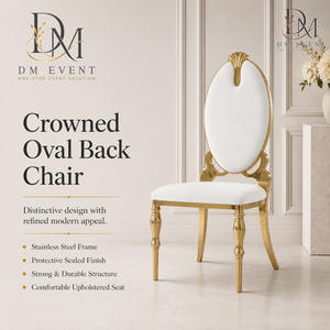 Gold Ornate Oval Medallion Back Stainless Steel Event Chair with <b>White</b> <b>Cushion</b> for Wedding and Hotel Banquets Wholesale Seating - Product Image 2