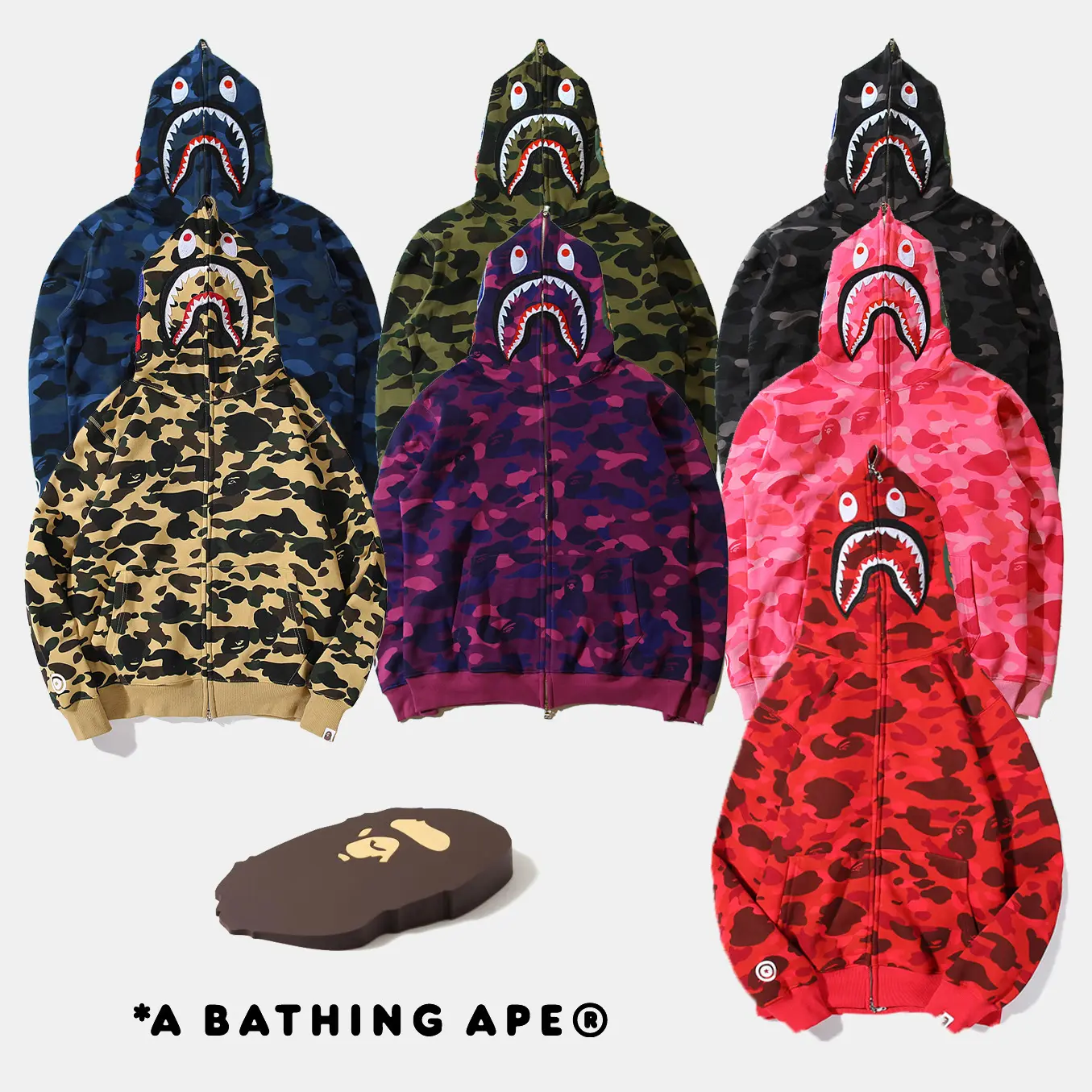 Bape Classic Shark Camouflage Heren Hoodie Volledig Rits Katoen Franse Terry Fashion Unisexual Hoodie Jack