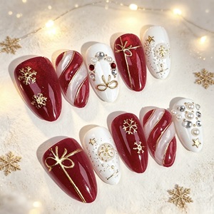 30 <span class=keywords><strong>Uñas</strong></span> Postizas Navideñas Rojas con Efecto Ojo <span class=keywords><strong>de</strong></span> Gato, <span class=keywords><strong>Uñas</strong></span> <span class=keywords><strong>Acrílicas</strong></span> Doradas 3D al por Mayor, <span class=keywords><strong>Uñas</strong></span> a Presión Medianas con Cobertura Completa y Pegamento - Product Image 1