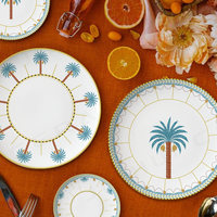 Vaisselle en porcelaine Palm Gold Accent, vaisselle en céramique haut de gamme pour la vente au détail, mariages de luxe sur la plage, événements méditerranéens