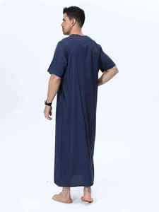 <b>Men's</b> Navy Blue Cotton <b>Thobe</b> Short Sleeve Floor Length Loose Fit Modest Style All Seasons Prayer Wear - Product Image 1