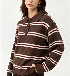 <strong>Ladies</strong> Lapel Button Striped Knit Pullover Women <strong>Polo</strong> <strong>Neck</strong> Long Sleeve <strong>Jumper</strong> - Product Image 4