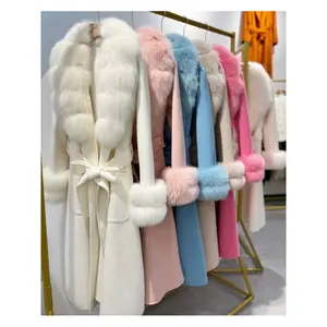 classic slim belt long ladies Double sided woolen coats fox fur trim wool trench women 100% cashmere coat with real fur
