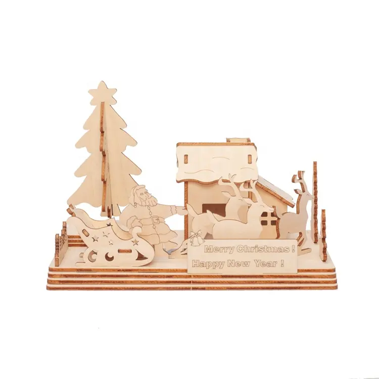 3D Wooden Puzzle Village House Solar DIY Christmas for Kids Eco Friendly Brown Box Handmade Customized Logo Paint and Decoration