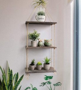 Étagère murale suspendue à 3 niveaux Art Déco pour plantes d'intérieur - Décoration en bois, porte-plantes en corde, utilisation dans la salle de bain et la chambre à coucher - Product Image 4