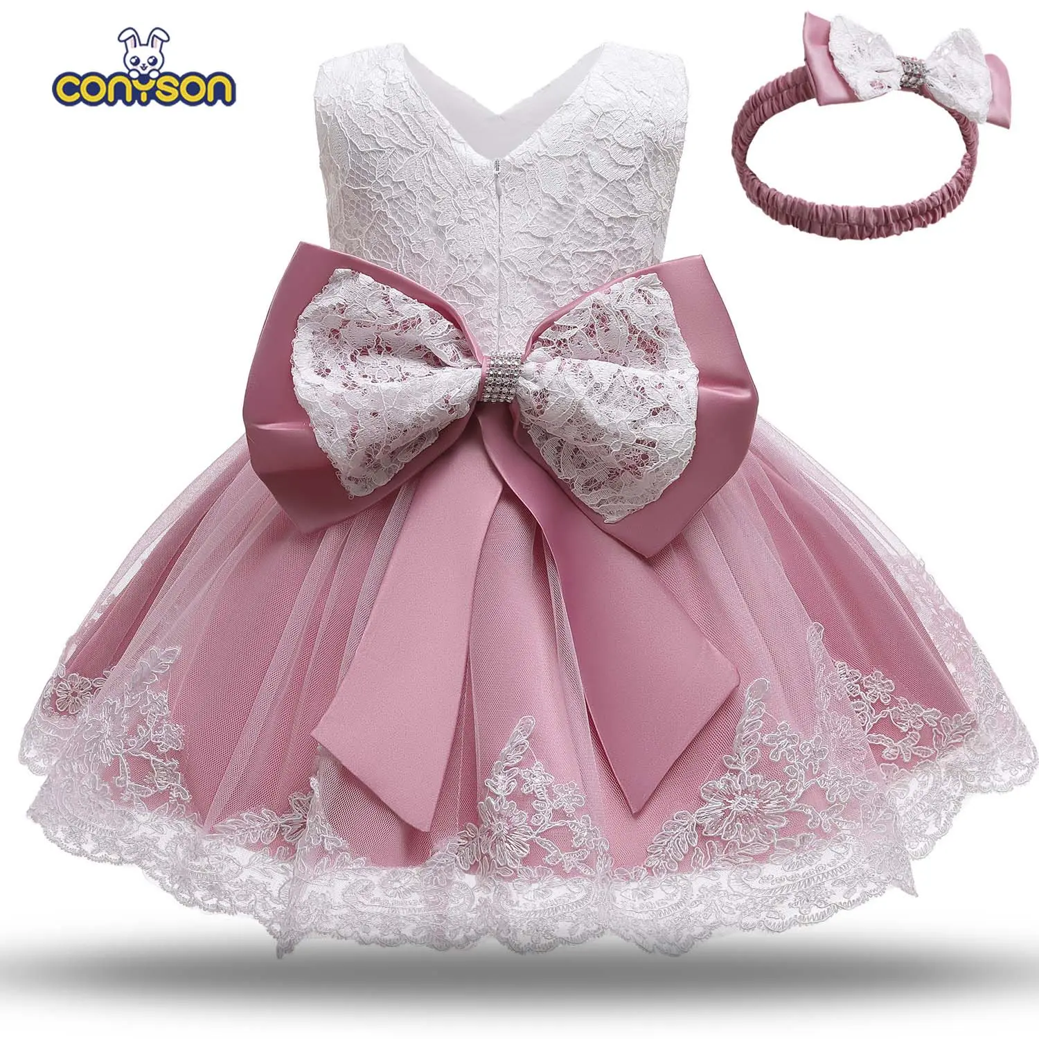 Cute Kids Lace Dress Flower Girl Dresses For 1 Years Old Baby Girl Party Baptism Dress With Hair Band