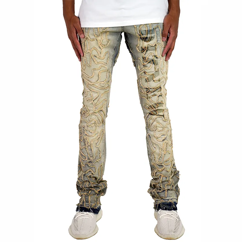 Diznew Jeans fabricante personalizado para homens, calças jeans justas estampadas para homens, calças justas empilhadas e de lavagem