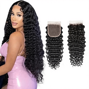 Extensiones de Cabello Humano Remy con Cierre de Onda Profunda 44, Cabello Indio de Trama Simple, Doble Trama a Máquina, Color Natural, Suave y Elástico - Product Image 1