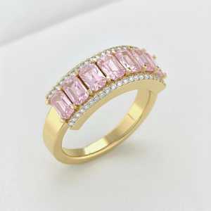 แหวนทองคำ 14KT สีเหลืองประดับไพลินสีชมพูและเพชรแบบครึ่งวง - Product Image 1