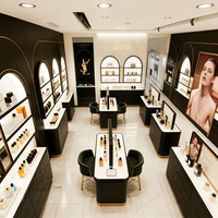 Edgy Luxe Cosmetics Boutique Featuring Tiered Open Shelves, Partial Enclosure Checkout, and Integrated LED Display Shelves