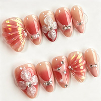 30 faux ongles en amande à presser, motif 3D sirène couleur magique, poudre nacrée éclatante avec strass, vente en gros transfrontalière d'art des ongles