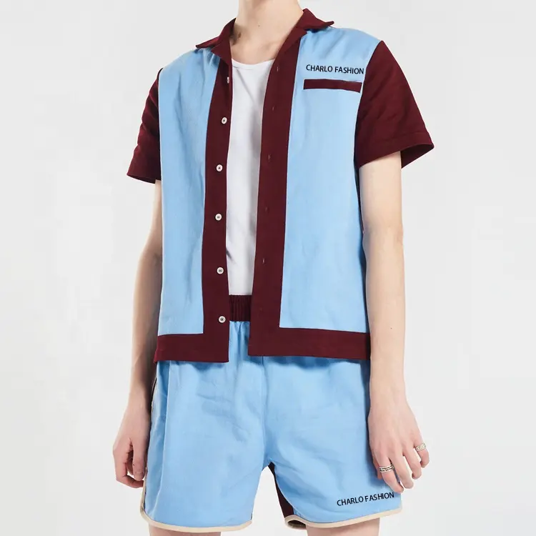 Oem Custom Print Short Sleeve With Matching Shorts Silk Satin Button Up Men Bowling Shirt Sets Wholesale