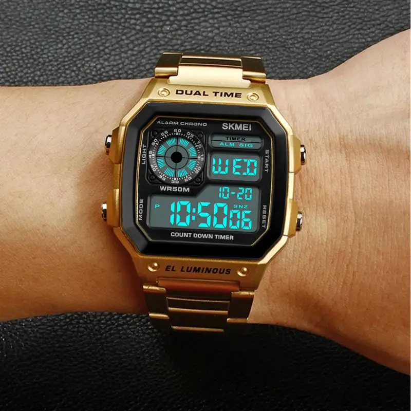 Skmei 1335 stainless steel reloj hombre men watch digital orologi uomo 5atm waterproof design Digital Gold Wrist Watch for mens