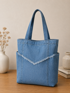 Unisex Denim <b>Canvas</b> Shoulder <b>Bag</b> Fashion Style Simple Tote Zipper Closure Jeans Pocket Messenger Handbag Shopping - Product Image 3