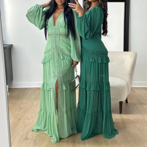 2025 primavera da donna con scollo a V a <span class=keywords><strong>maniche</strong></span> <span class=keywords><strong>lunghe</strong></span> con volant in pizzo lungo Maxi abito da festa in spiaggia abiti Sexy da strada Vestidos Sexy - Product Image 2