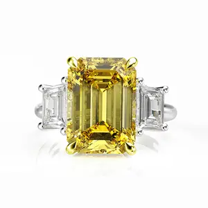 10*14mm 14ct Emerald Cut Golden Yellow Zirconia Diamond 925 Silver Ring