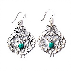 Turquoise Gemstone Bohemia Style Dangle & Drop Boucles d'oreilles Argent Plaqué Forme Ronde Femmes Argent Laiton Bijoux - Product Image 2